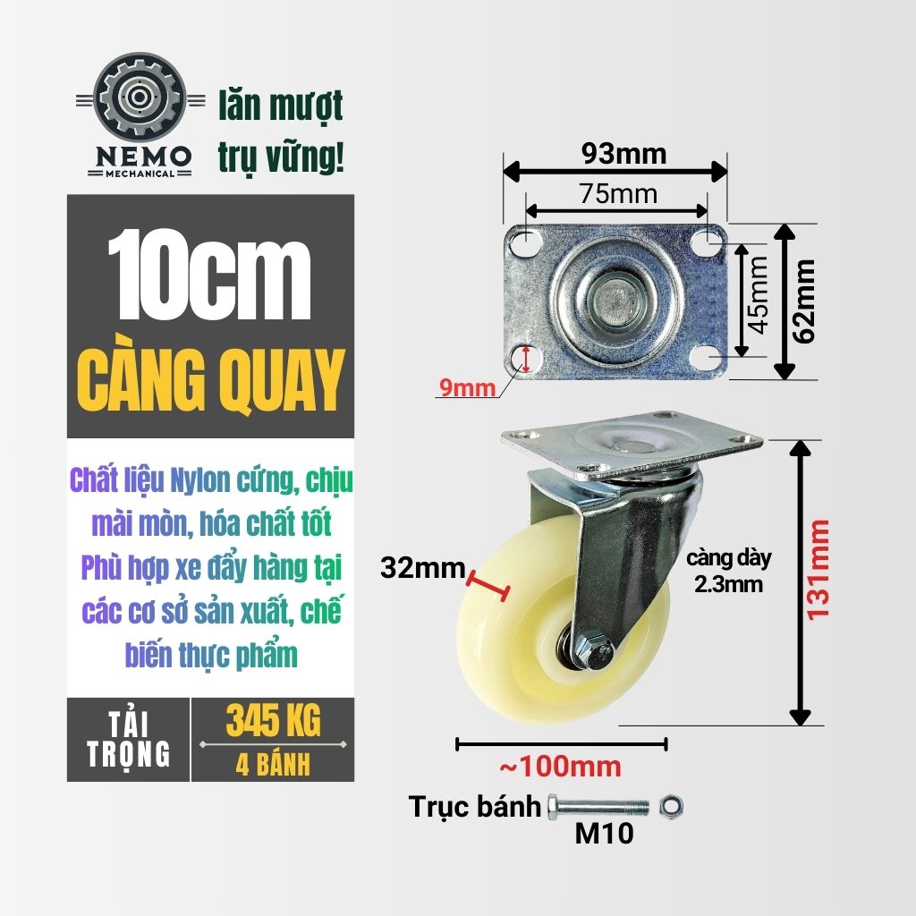 Bánh Xe Nylon Trắng Chịu Tải – Chuyên Dụng Kho Lạnh, Phòng Sạch (D75, D100, D125)